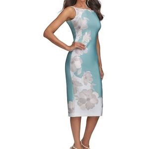 Donna Karan Blue Sheath Midi Dress Bateau Neckline